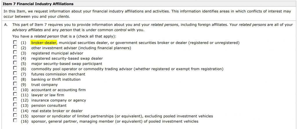 Broker Dealer Financial Industry Affiliations Form ADV Screenshot