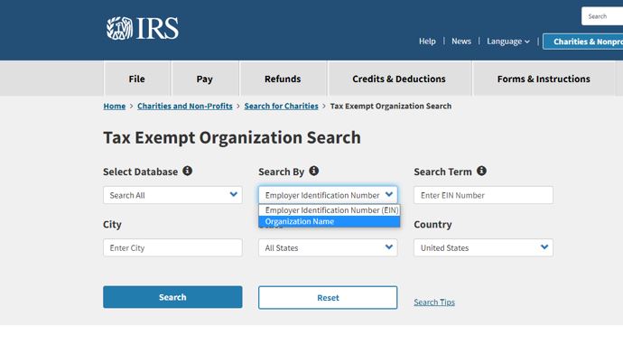 IRS 501c3 Lookup Screenshot