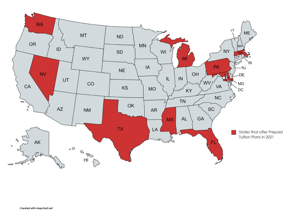 Maps of states that offer Prepaid Tuition Plans in 2021