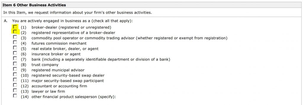 Other Business Activities Screenshot Form ADV