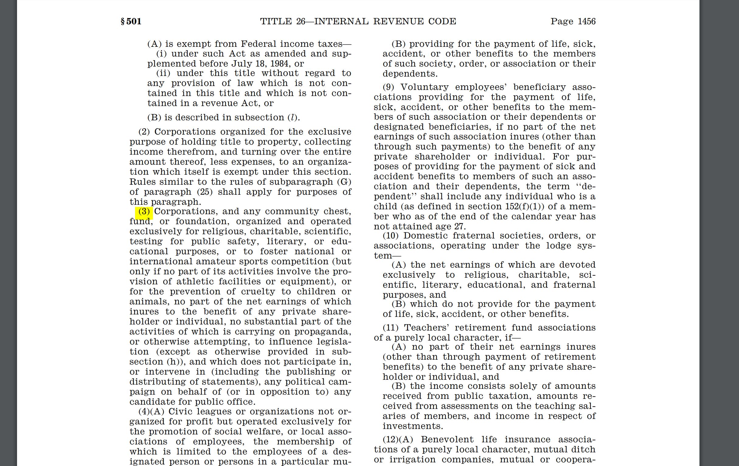 Screenshot of 501(c)(3) of Internal Revenue Code